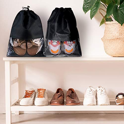 15 PCS Travel Shoe Bag, Large Portable Drawstring Shoes Storage Bags Non-Woven Dust Proof Pouch Space Saving Organizer with Transparent Slot for Men Women Daily and Travel Use (Black) — view 5