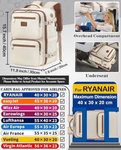 LYNXCHER Ryanair Cabin Bags 40x30x20 Underseat 24L Laptop Carry On Backpack for Travel Work Fits easyJet Eurowings Wizz Air(Light Khaki, XM) — view 2