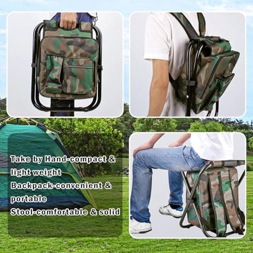Kikerike Folding Stool Backpack Insulated Cooler Bag, Collapsible Camping Hunting Fishing Multifunction Chair with Front Pocket and Bottle Pocket for Outdoor Events, Hiking, Travel, Beach — view 4