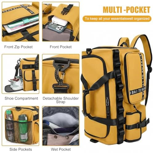 Sports Bag Travel Bag for Men and Women, Large 65L Sports Bags with Shoe Compartment & Wet Compartment, Large Capacity Travel Bag, Gym Bag, Travel Swimming Bag, Overnight Bag (Yellow) — view 2