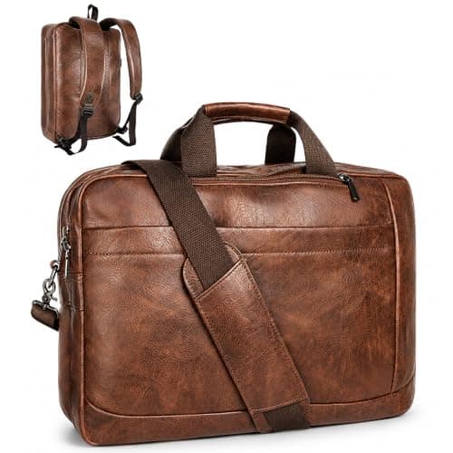 Stuery Faux Leather Messenger Bag for Men: 17.3 Inch Laptop Bag Briefcasen Convertible Backpack 3 in 1 Computer Handbags Work Bag Shoulder Crossbody Bags Office, Coffee