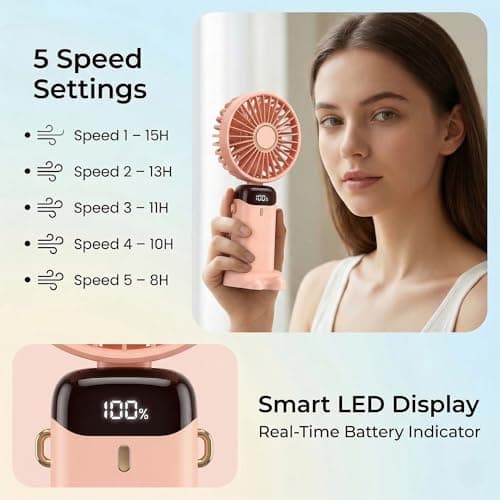 HomlyPro Handheld Fan, 5000mAh Battery-Operated Portable Fan with LED Display, 5 Speeds Strong Airflow & 90° Foldable Design, Small Desk Fans for Home Office Outdoor Travel Essentials (Pink) — view 6