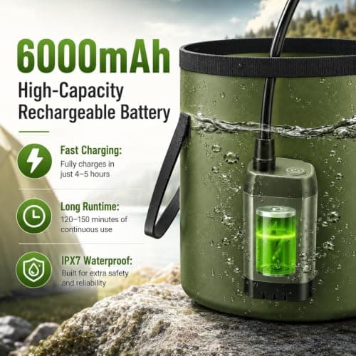 Romicta Portable Shower for Camping, 6000mAh Rechargeable Camping Shower with Intelligent LED Display, Foldable Bucket, 4 Spray Modes, IPX7 Waterproof Outdoor Camp Pump for Hiking, Travel, Car, Pet — view 3