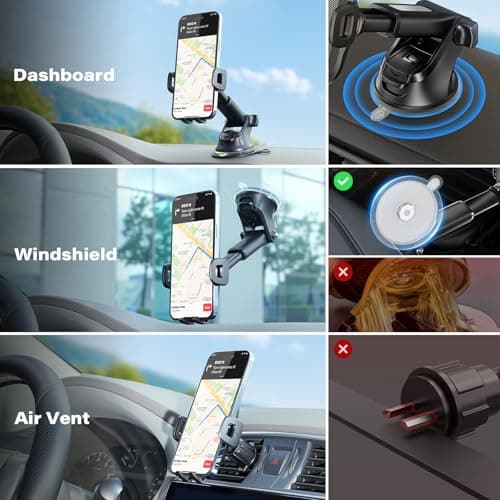 APPS2Car Car Phone Holder, Dashboard Windscreen Sturdy Suction Cup Mount, 360° Universal Holder forCompatible 4.7-6.8“ iPhone12/11/Pro, Samsung S21 and More (Suction + Hook Vent) — view 4