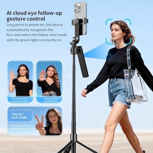 Auto Face Tracking Tripod for iPhone with Lights,75inch Phone Tripod Holder with Gesture Control,Travel Selfie Stick for Content Creator Vlog Live Stream Video Recording — view 2