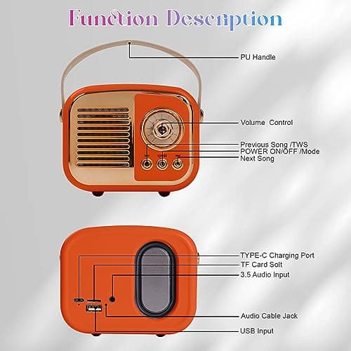 Aresrora Retro Bluetooth Speaker, Vintage Wireless Speaker,Portable Mini Radio Old Fashion Style for Room Decor Kitchen Desk Bedroom Office,Supports TWS Pairing for iPhone,Android Devices (Orange) — view 6
