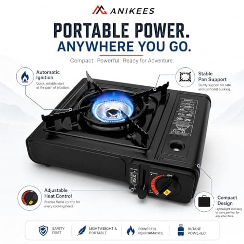 ANIKEES Portable Camping Stove with Carry Case, EN417 Compatible Gas Cooker, Automatic Ignition & Adjustable Heat, Compact Butane Stove for Camping, Fishing, Hiking & Outdoor Cooking — view 2