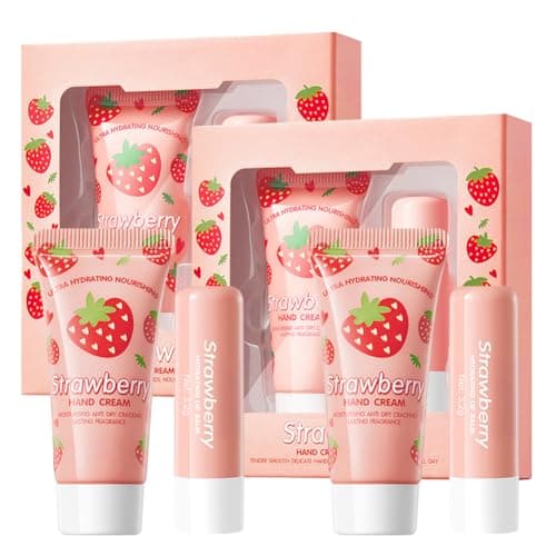 Wenrny 2 Set Hand Cream and Lip Balm Bulk,Moisturizing Hand Cream Gift Set for Women Girls,Winter Hands Lotion Set,Travel Size Hands Lotion(15g),Hydrating Honey Lip Care Balm(3.2g) (Strawberry, One)