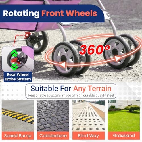 BestPet 4-Wheel Pet Stroller Dog and Cat Stroller Breathable Mesh Lightweight Travel Carrier Waterproof & Foldable Design Storage Basket for Daily Walks & Outdoor Use，Pink — view 4