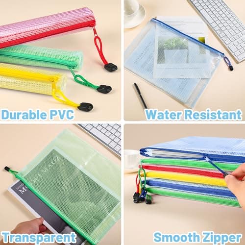 12Pcs Plastic Wallets with Labels, A4 Zip Lock Folders, Waterproof Mesh Document Bag for School Office Travel, Colorful Zipper Pouch Pocket for Bill Luggage Homework Jigsaw Storage — view 3