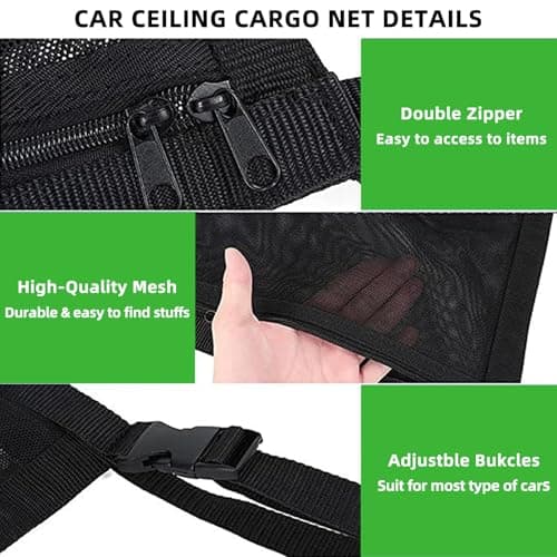 CCAIPU Car Ceiling Cargo Storage Net Pocket, Adjustable Double-Layer Mesh Storage Net Car Roof Organizer Long Trip Ceiling Storage Net for Car, SUV, Van (Black, 80*55cm) — view 4