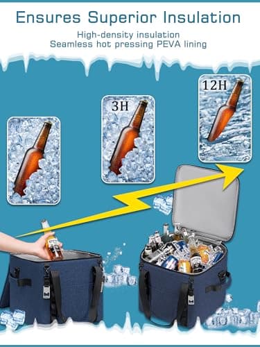 Blue Insulated Soft Cooler Bag 12"x12"x12" Large Leakproof Soft Sided Ice Chest for Travel Beach Camping, 50 Cans Portable Cooler Box for Grocery Shopping, Road Trips — view 3