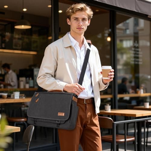 Estarer Laptop Messenger Shoulder Bag 17.3 Inch Mens Water Resistant Canvas Satchel Briefcase for Work Office(Dark Grey) — view 2
