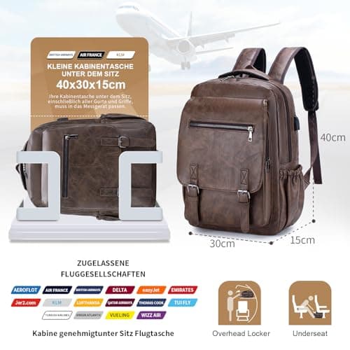 SUCIKORIO 40x30x15 British Airways Travel Backpack Underseat Cabin Bag Luggage KLM Jet2 Waterproof PU Leather Travel Rucksack Cabin Size for Plane Hand Luggage 14 Inch Laptop Backpack For Womens, Mens — view 3