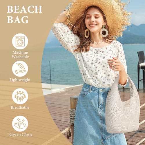 Aucuu Women Knitted Handbags, Retro Hollow Woven Shoulder Bags, Boho Shoulder Bag, Crochet Mesh Tote Bag, Beach Bag for Women, Travel Shopping Handbag for Holiday, Daily Work, Shopping, Travel-White — view 6