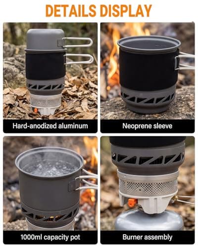 Camping Stove Gas Portable 1L Quick Boil Backpacking Stove with Piezo Ignition, Integrated Pot & Heat Exchange, Lightweight Windproof Burner with Canister Stand for Camping Hiking Trekking — view 3