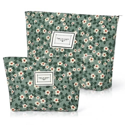 Aucuu Cosmetic Bags, 2 Pcs Small Floral Canvas Cosmetic Bag, Rose Flower Printing Corduroy Toiletry Bag, Multifunctional Travel Makeup Bag with Metal Zipper for Women Girls Gift