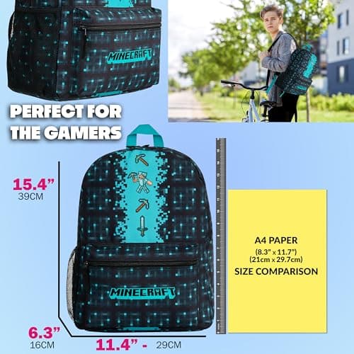 Minecraft Backpack for Kids Teenagers Gaming Rucksack School Bag Creeper Daypack Travel Bag for Days Out PE Sports Gamer Gifts (Blue) — view 2