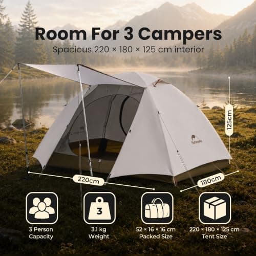Naturehike Cloud-Creek Series 3 Person Tent – Lightweight Waterproof Camping & Backpacking Tent with Aluminium Poles, UPF50+ & Double Layer Design White — view 2