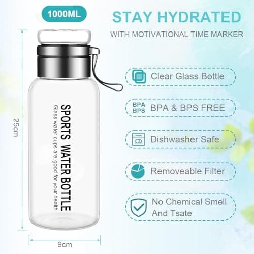 flintronic Glass Water Bottle-1 Liter, Borosilicate Glass Drink Bottle with Stainless Steel Filter, Leak-proof & BPA Free, Tea/Fruit Infuser for Home, School, Travel — view 2