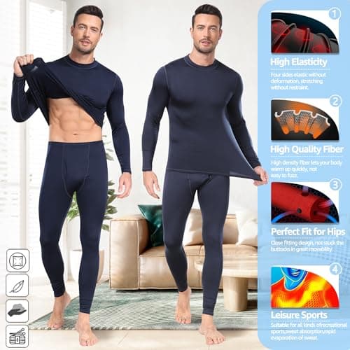 UNIQUEBELLA Men's Thermal Underwear,Home Thermal Underwear Set Men Winter Thermal Clothing Breathable Multifunctional Ski Underwear for Running,Skiing,Football,Cycling-Black — view 4