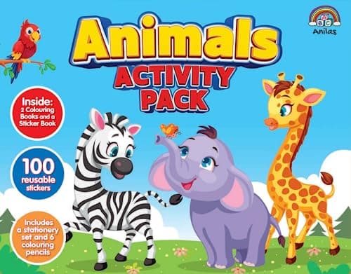 Anila's Animals Activity Pack with Colouring Books, Sticker book, Stationery Set, Colouring Pencils & 100 Reusable Stickers.(Perfect for children aged 3-8). — view 2