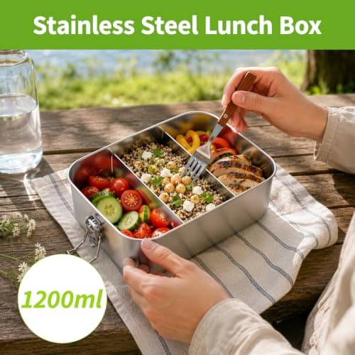EVERGOODS Stainless Steel Lunch Box 950ml, Metal Bento Box with 2 Movable Dividers, Lightweight 0.35kg Food Storage Container Metal Lunch Box for Adults Kids, School Office Travel — view 2
