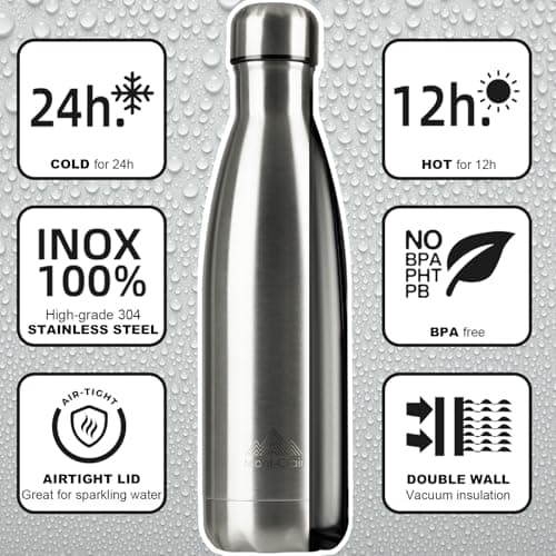 Mont-Clair l'O Stainless Steel Water Bottle, Vacuum Insulated - BPA Free, 12h Hot & 24h Cold Drinks, Metal Water Bottle 500ML Leakproof, Ideal for Adult, Kids, Running - Silver — view 2
