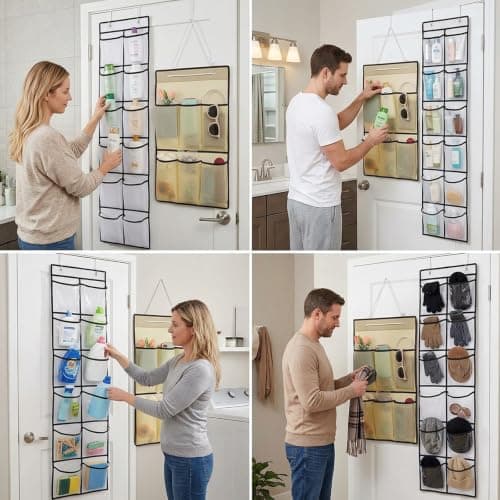 WORUIB Two-Pack Hanging Shower Caddy, Vertical Storage Solution for Compact Living Spaces,Over Door Storage Bags with Mesh Pockets for Bathroom Bedroom Kitchen Office Organisation — view 6