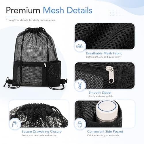 Bruislard 2 Pcs Mesh Drawstring Backpack Bag Heavy Duty Nylon Net Bags with Zipper Pocket Multifunction Mesh Bag Beach Bags for Gym Swimming Beach Toys Clothes — view 4