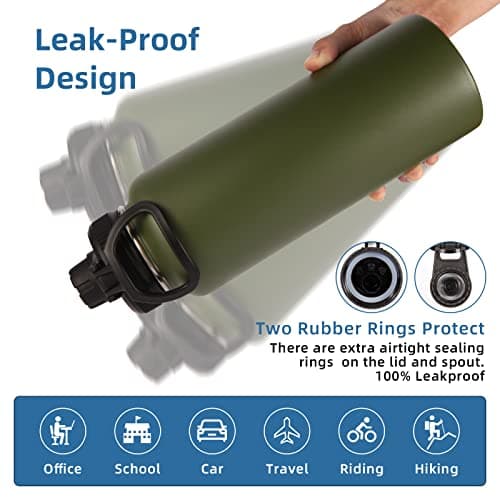 Volhoply 1200ml Insulated Water Bottles Paracord Handle, Stainless Steel Sports Bottle with Spout Lid, Reusable Double Walled Vacuum Metal Travel Cups with Wide Mouth for Adults (Army Green, 1 Set) — view 6