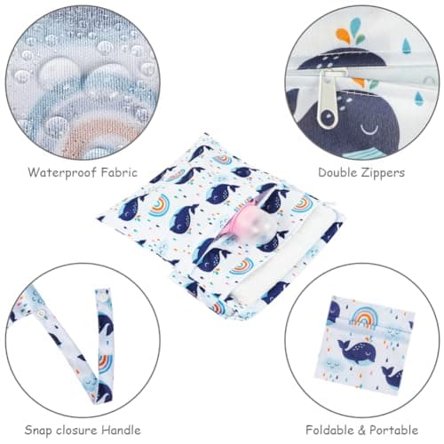 Vicloon Wet Bag, 2 PCS Baby Cloth Nappy Wet Bags, Nappy Bags with Double Zipper Pockets, Waterproof Reusable Washable Cloth Diaper Bags for Babies Swimming Camping Travel Gym Beach - Whale — view 3