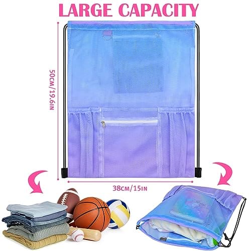 Mesh Drawstring Bag with Zipper Pocket, Beach Bag for Swimming Gear Backpack Gym Storage Bag for Adult Kids — view 5