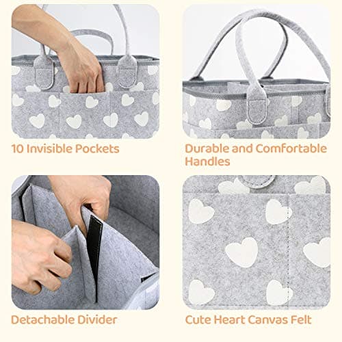BOENFU Baby Diaper Caddy Nappy Organisers Nursery Storage Nappy Caddy Tote Newborn Shower Gift Basket Portable Car Travel Organizer with Detachable Divider and 10 Invisible Pockets for Mom Kids — view 4