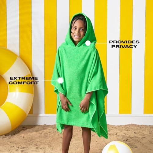 Brentfords Childrens Beach Towels Poncho, Oversized Beach Towel Kids Poncho Towel for Swimming Beach Pool Travel Kids Changing Robe Hooded Towel Lightweight Privacy, Neon Green — view 2