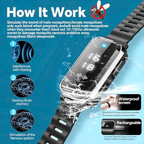 Ultrasonic Mosquito Repellent Bracelet, Rechargeable USB Anti Mosquito Band with Clock Display, DEET-Free Insect Repeller for Kids Adults, Indoor Outdoor Travel Camping, White Black — view 5
