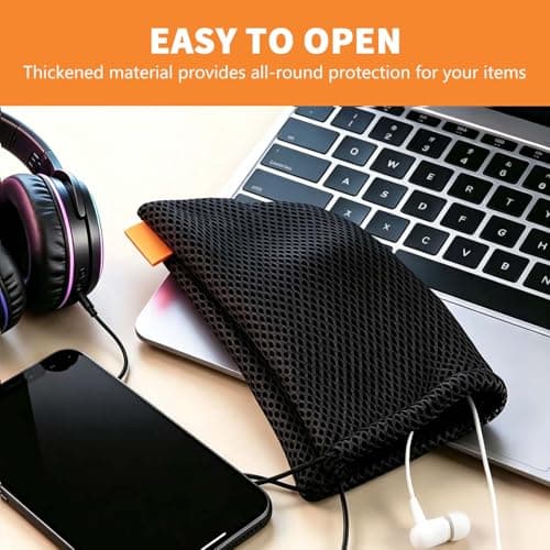 3PCS Storage Bag Drawstring Carrying Case Cover Holder, Drawstring Mesh Bag 18.5 x 9 cm, Portable Mesh Pouch for Power Bank Phone Cable Organiser, Power Bank Case Travel Accessories Holder Black — view 6