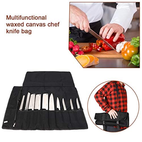 QEES Chefs Knife Roll Bag 11 Slots, Heavy Duty Waxed Canvas Knife Bag, Waterproof Knife Case for Camping, Hiking, Multi-function Tool Roll Bag (Black) — view 5