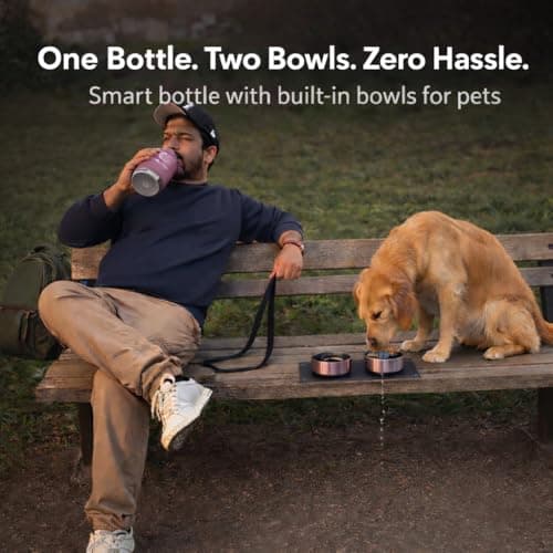 Xamba 3-in-1 Dog Travel Water Bottle 32oz (1000ml) – Stainless Steel Leak-Proof Pet Water Bottle with Detachable Food & Water Bowls for Walking, Hiking & Travel (Rose Pink) — view 3