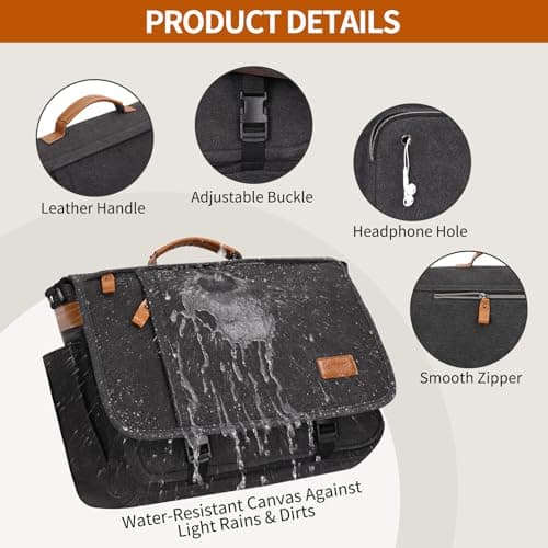 Estarer Laptop Messenger Shoulder Bag 17.3 Inch Mens Water Resistant Canvas Satchel Briefcase for Work Office(Dark Grey) — view 4