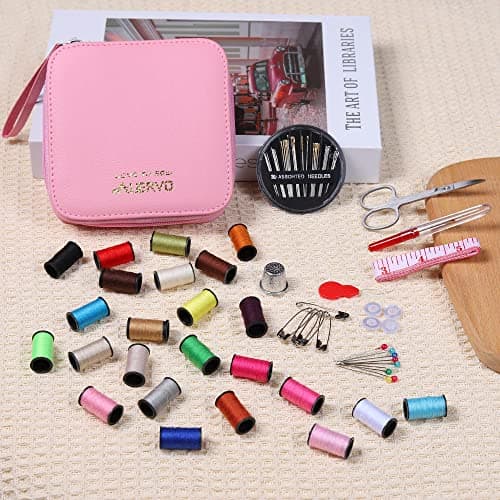 Pink Sewing Kit, AUERVO Mini Basic Sewing Kits with Leather Case Thread and Needles Set for Adults, DIY,Home, Travel & Emergency with Zipper Compact Small Waterproof Durable — view 6