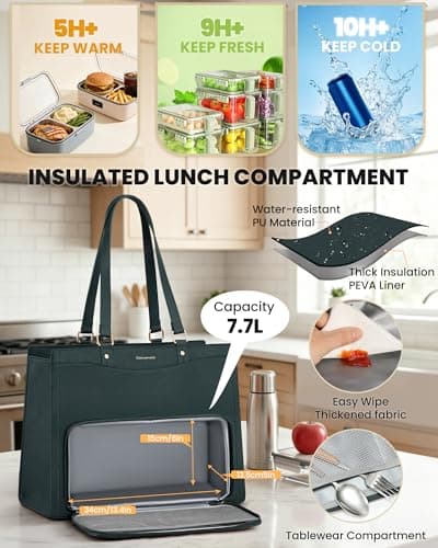 RAINSMORE Teacher Bag 15.6 Inch Laptop Bag with Lunch Compartment PU Leather Laptop Tote Bags for Women Professional Work Bag for College Office DeepGreen — view 5