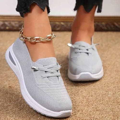 Women Comfy Orthopedic Walking Shoes Women Lightweight Slip-On Knitted Sneakers Comfortable Fashion Flat Walking Shoes Breathable Slip On Arch Support Non-Slip Sneakers