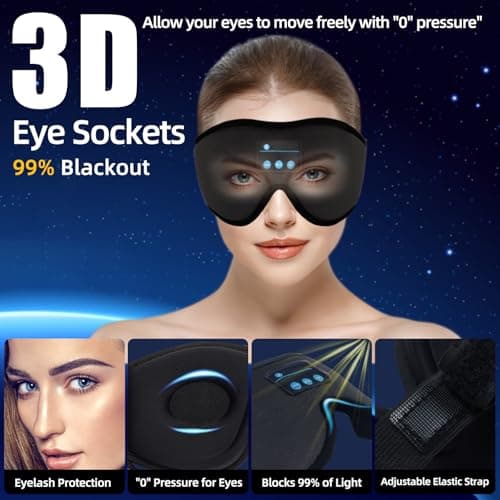 Bluetooth Sleep Mask, Wireless Headphones Headband 3D Breathable Eye Mask for Sleeping with Bluetooth Speaker for Meditation, Travel, Yoga, Relaxation, Adjustable Sleep Earphones for Men Women (Black) — view 2
