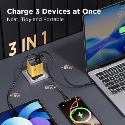 65W GaN USB C Charger 3-Port with Retractable 0.7m Cable(Yellow) — view 2