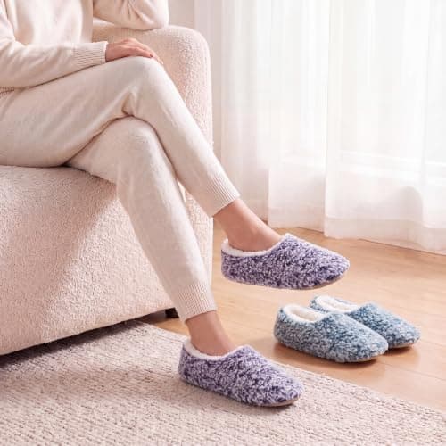 Cozylook 2-Pair Slipper Socks for Women Non Slip Soft Sole Slippers, 2-pk Fuzzy Sherpa (Purple & Teal), 11-12 — view 2