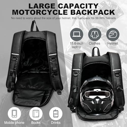 WEPLAN Motorcycle Backpack Mens Waterproof Motorcycle Rucksack Motorbike Helmet Bag Backpack Mens Womens Motorbike Rucksack with Large Capacity,Black — view 4