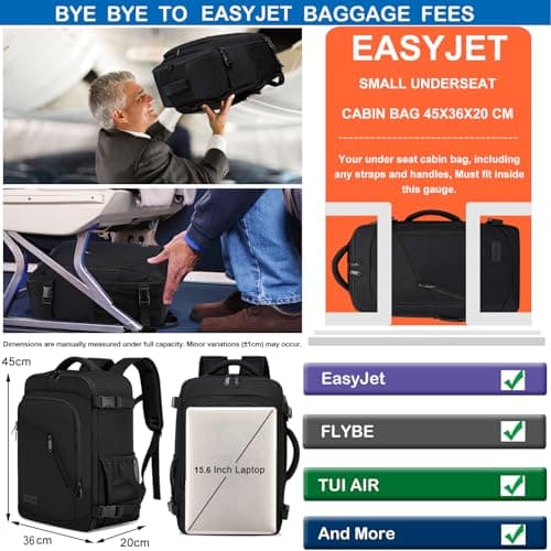 Cabin Bag 45x36x20 for Easyjet Underseat 30L Travel Hand Luggage Backpack Carry-ons Bag Hand Luggage Bag Travel Rucksack Cabin Size Cabin Luggage Bags Fit 15.6Inch Laptop with USB Charging Port-Black — view 2