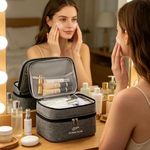 Travel Makeup Bag for Women, Large Capacity 2-Layer Cosmetic Organiser with Makeup Brush Organiser, Water-Resistant Durable Nylon Toiletry Bag, Portable Make Up Bags Case for Travel, Home Use (Beige) — view 3