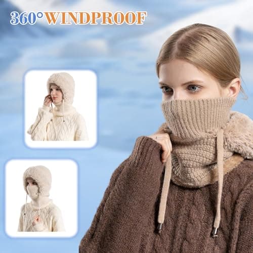 TASBER 3 in 1 Beanie Hat for Women, 3 in 1 Beanie Hat with Scarf and Mask, Women's Outdoors Windproof Scarf Hat (Khaki) — view 3